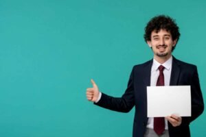 jpeg optimizer business man cute pretty guy black office outfit showing good gesture sign holding paper